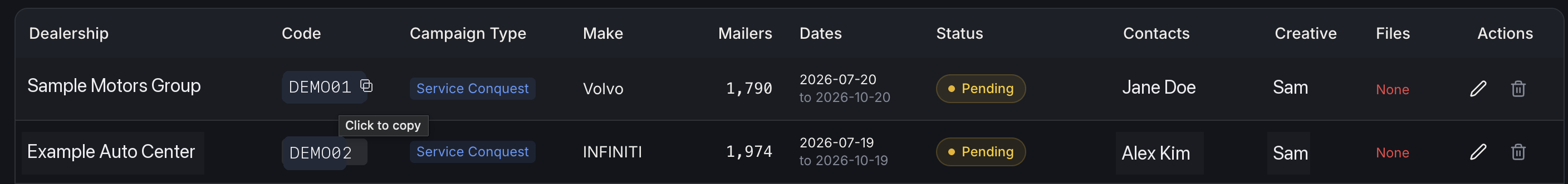 Copying a campaign code