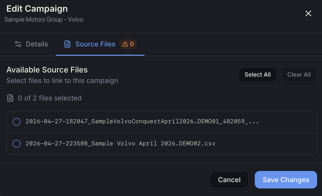 Edit Campaign window — Source Files tab