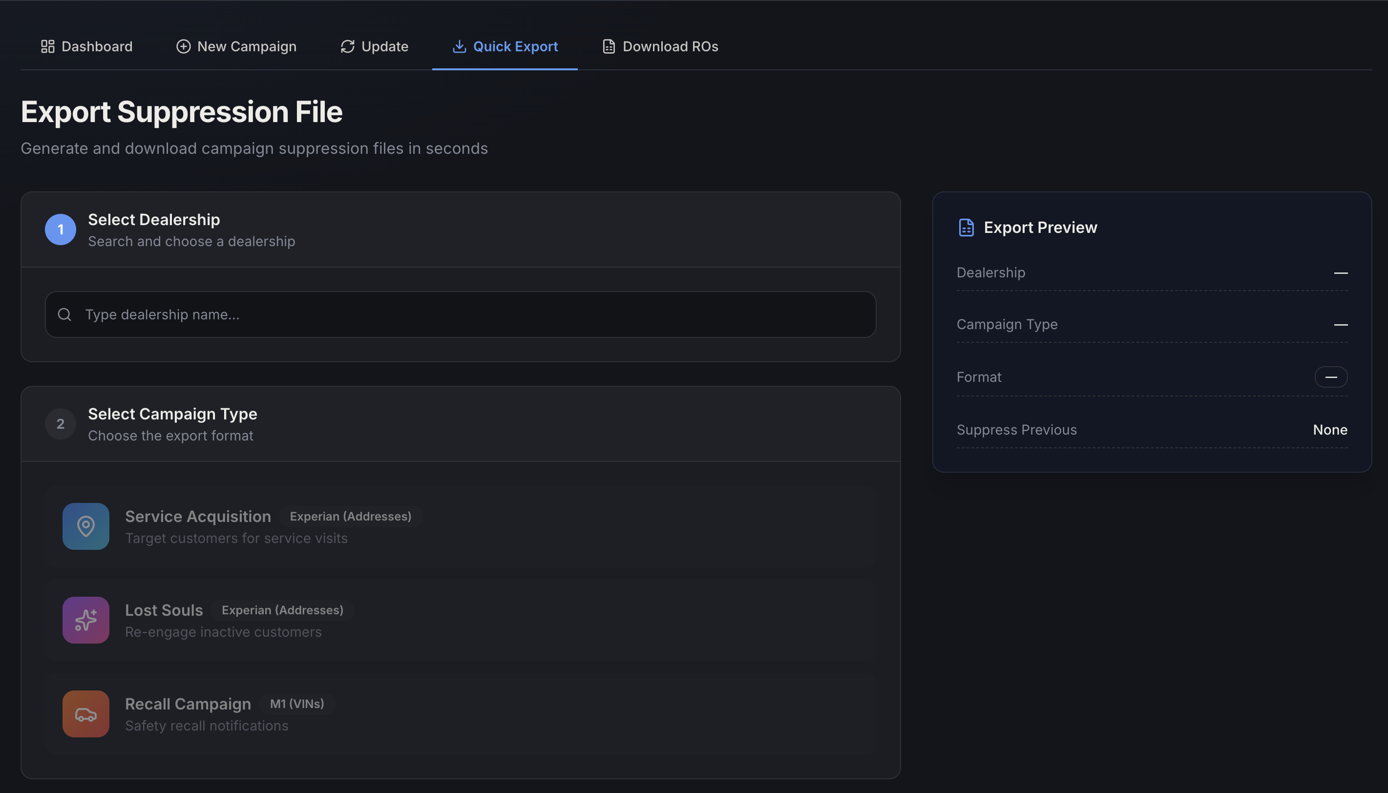 Quick Export form — dealership and campaign type selection