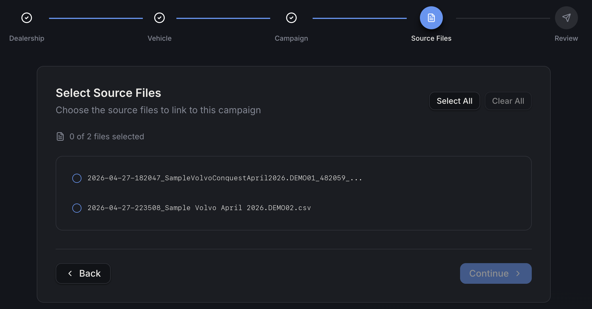 Select Source Files step